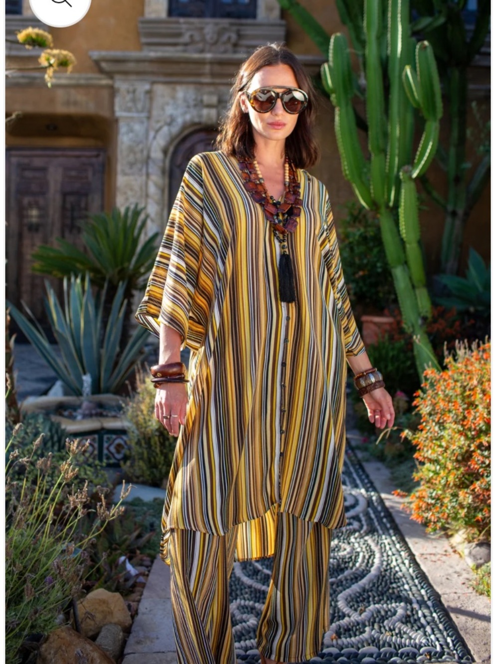Jennafer Grace Yellow and brown Striped Caftan and wide leg pant set: Bohemian